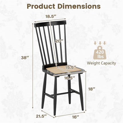 Farmhouse Solid Rubber Wood Dining Chairs Set of 2 with PE Rattan Seats-Black - Black - Dining Chairs