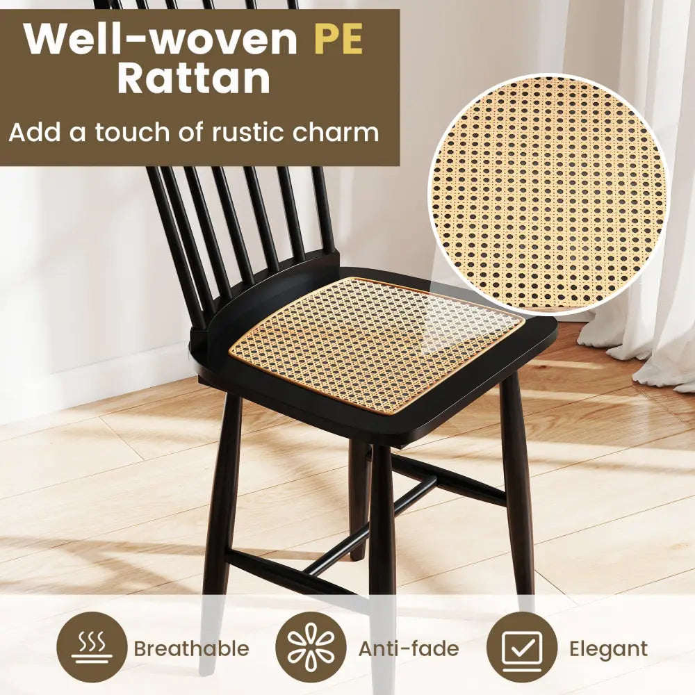 Farmhouse Solid Rubber Wood Dining Chairs Set of 2 with PE Rattan Seats-Black - Black - Dining Chairs