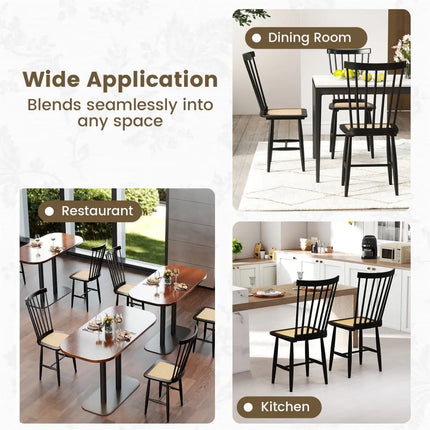 Farmhouse Solid Rubber Wood Dining Chairs Set of 2 with PE Rattan Seats-Black - Black - Dining Chairs