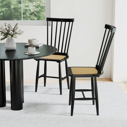 Farmhouse Solid Rubber Wood Dining Chairs Set of 2 with PE Rattan Seats-Black - Black - Dining Chairs