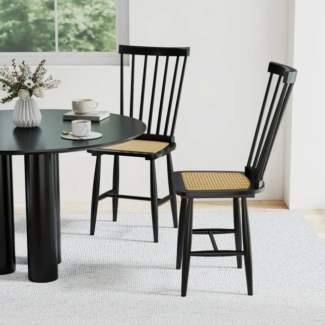 Farmhouse Solid Rubber Wood Dining Chairs Set of 2 with PE Rattan Seats-Black - Black - Dining Chairs