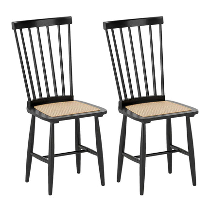 Farmhouse Solid Rubber Wood Dining Chairs Set of 2 with PE Rattan Seats-Black - Black - Dining Chairs