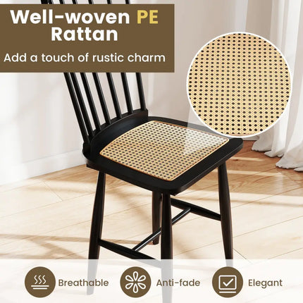 Farmhouse Solid Rubber Wood Dining Chairs Set of 2 with PE Rattan Seats-Black - Black - Dining Chairs