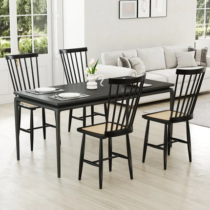 Farmhouse Solid Rubber Wood Dining Chairs Set of 2 with PE Rattan Seats-Black - Black - Dining Chairs