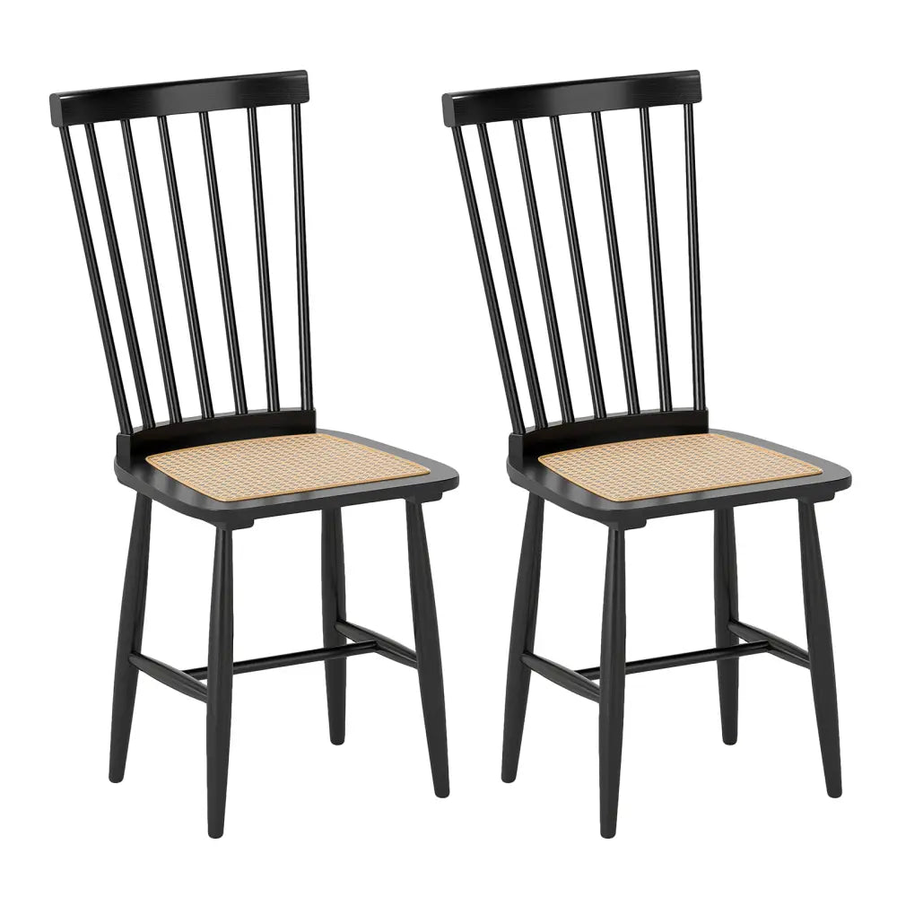 Farmhouse Solid Rubber Wood Dining Chairs Set of 2 with PE Rattan Seats-Black - Black - Dining Chairs