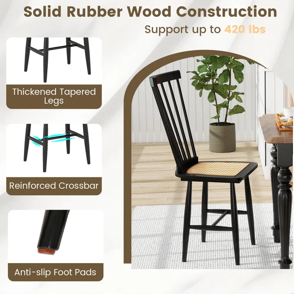 Farmhouse Solid Rubber Wood Dining Chairs Set of 2 with PE Rattan Seats-Black - Black - Dining Chairs
