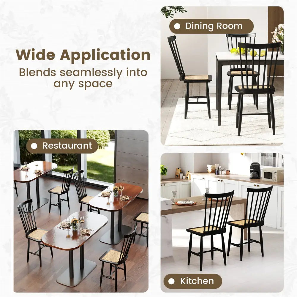 Farmhouse Solid Rubber Wood Dining Chairs Set of 2 with PE Rattan Seats-Black - Black - Dining Chairs