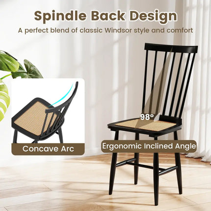 Farmhouse Solid Rubber Wood Dining Chairs Set of 2 with PE Rattan Seats-Black - Black - Dining Chairs