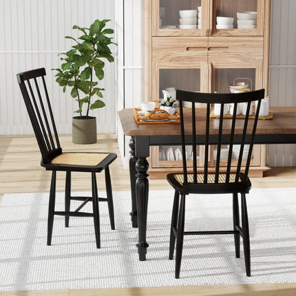 Farmhouse Solid Rubber Wood Dining Chairs Set of 2 with PE Rattan Seats-Black - Black - Dining Chairs