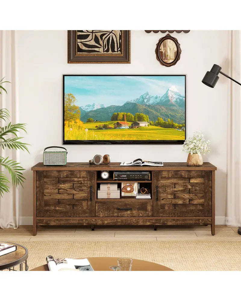 Farmhouse TV Stand for 65 Inch TVs with 2 Woven Accent Doors and 3 Adjustable Shelves-Rustic Brown - Rustic Brown