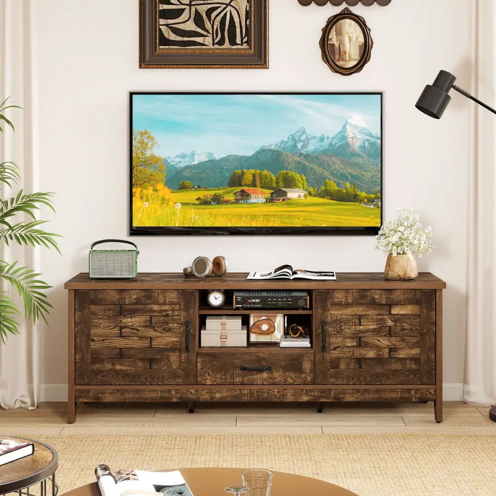 Farmhouse TV Stand for 65 Inch TVs with 2 Woven Accent Doors and 3 Adjustable Shelves-Rustic Brown - Rustic Brown