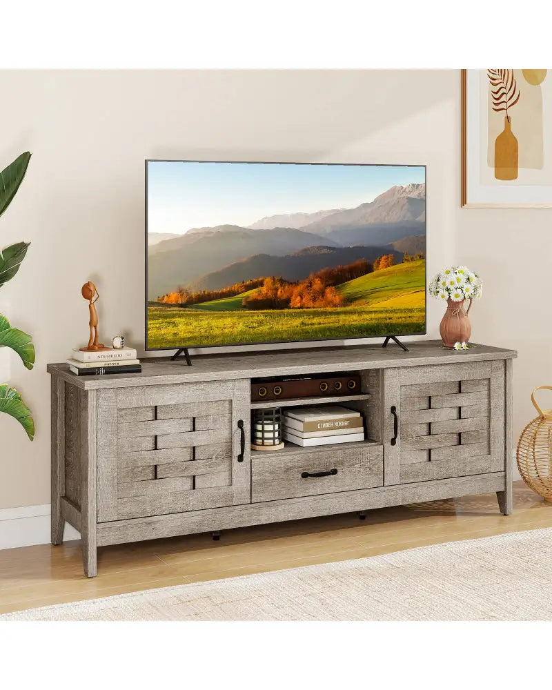 Farmhouse TV Stand for 65 Inch TVs with 2 Woven Accent Doors and 3 Adjustable Shelves-Oak - Oak - Entertainment Centers