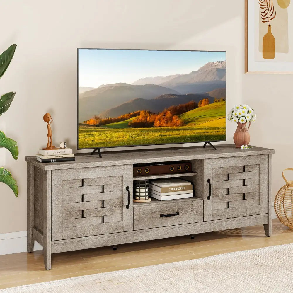Farmhouse TV Stand for 65 Inch TVs with 2 Woven Accent Doors and 3 Adjustable Shelves-Oak - Oak - Entertainment Centers