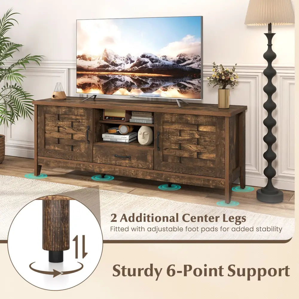 Farmhouse TV Stand for 65 Inch TVs with 2 Woven Accent Doors and 3 Adjustable Shelves-Rustic Brown - Rustic Brown