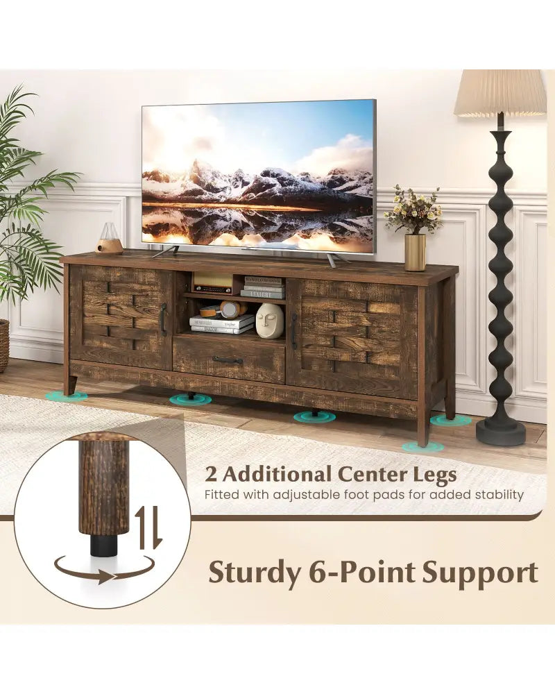 Farmhouse TV Stand for 65 Inch TVs with 2 Woven Accent Doors and 3 Adjustable Shelves-Rustic Brown - Rustic Brown