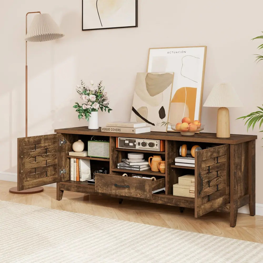 Farmhouse TV Stand for 65 Inch TVs with 2 Woven Accent Doors and 3 Adjustable Shelves-Rustic Brown - Rustic Brown
