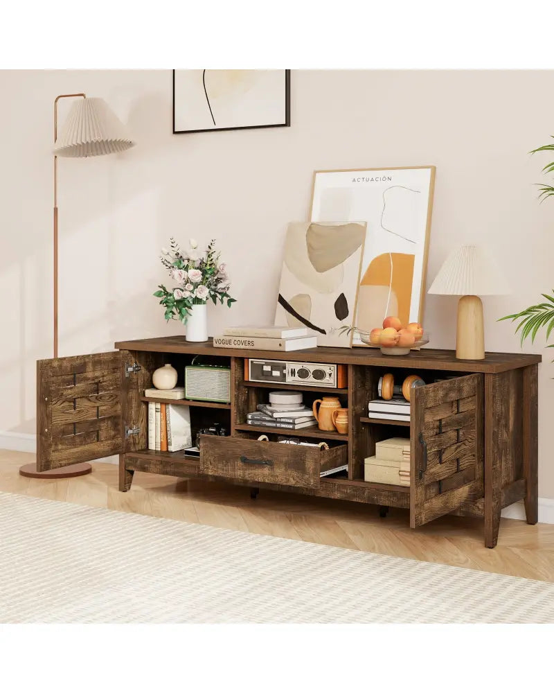 Farmhouse TV Stand for 65 Inch TVs with 2 Woven Accent Doors and 3 Adjustable Shelves-Rustic Brown - Rustic Brown