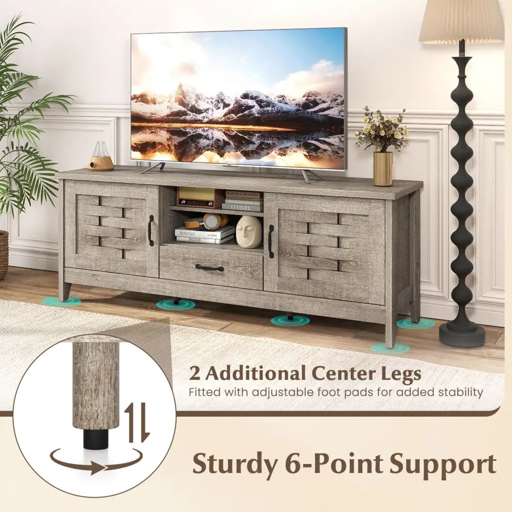 Farmhouse TV Stand for 65 Inch TVs with 2 Woven Accent Doors and 3 Adjustable Shelves-Oak - Oak - Entertainment Centers