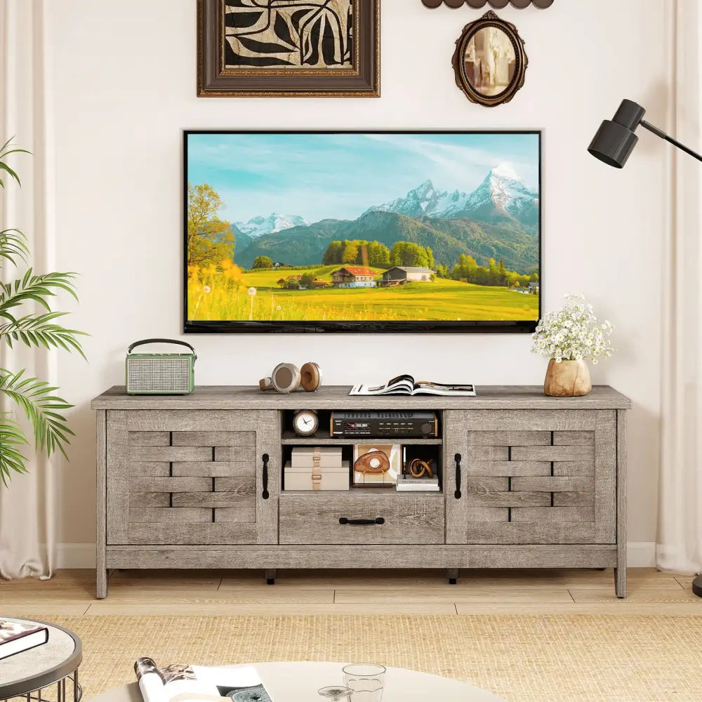 Farmhouse TV Stand for 65 Inch TVs with 2 Woven Accent Doors and 3 Adjustable Shelves-Oak - Oak - Entertainment Centers