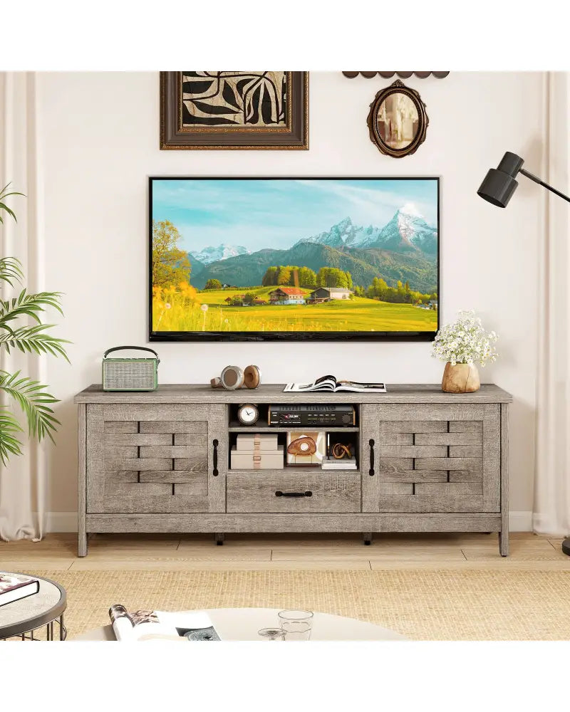 Farmhouse TV Stand for 65 Inch TVs with 2 Woven Accent Doors and 3 Adjustable Shelves-Oak - Oak - Entertainment Centers