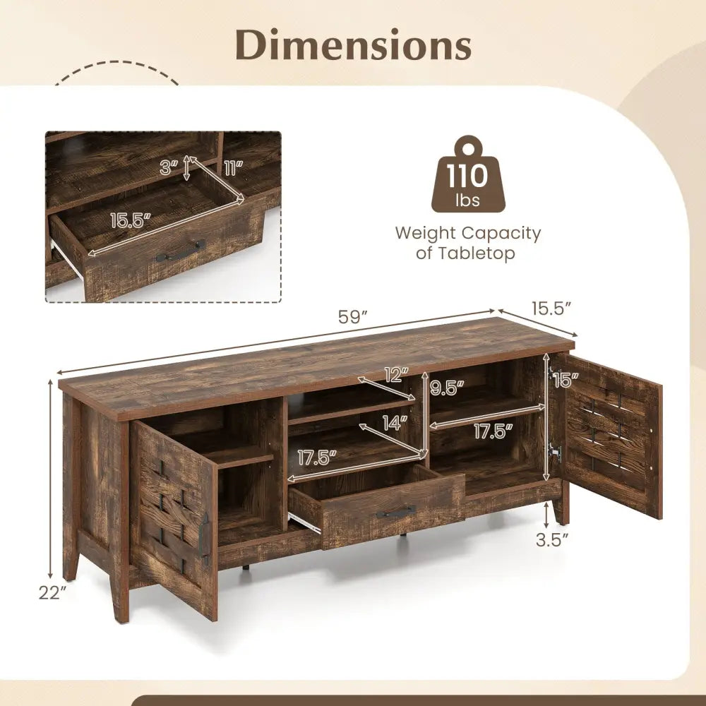 Farmhouse TV Stand for 65 Inch TVs with 2 Woven Accent Doors and 3 Adjustable Shelves-Rustic Brown - Rustic Brown