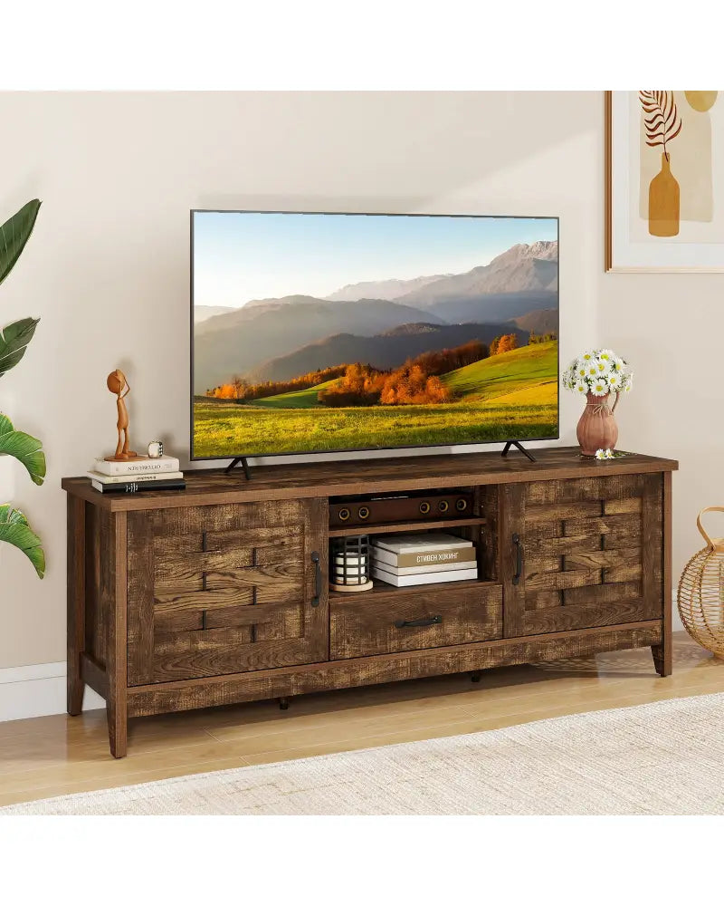 Farmhouse TV Stand for 65 Inch TVs with 2 Woven Accent Doors and 3 Adjustable Shelves-Rustic Brown - Rustic Brown