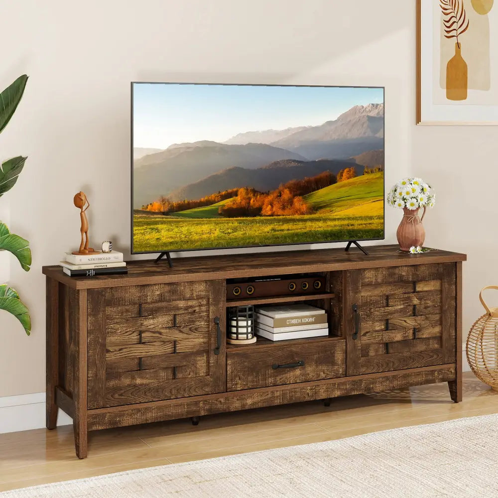 Farmhouse TV Stand for 65 Inch TVs with 2 Woven Accent Doors and 3 Adjustable Shelves-Rustic Brown - Rustic Brown
