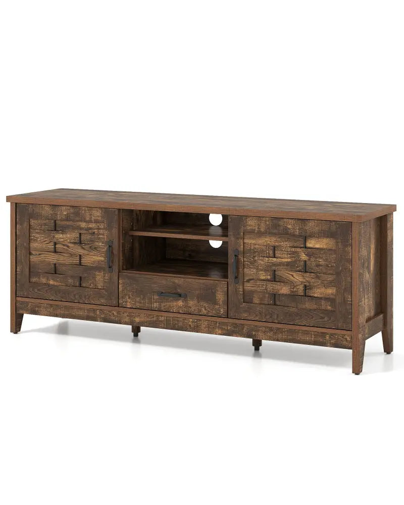 Farmhouse TV Stand for 65 Inch TVs with 2 Woven Accent Doors and 3 Adjustable Shelves-Rustic Brown - Rustic Brown