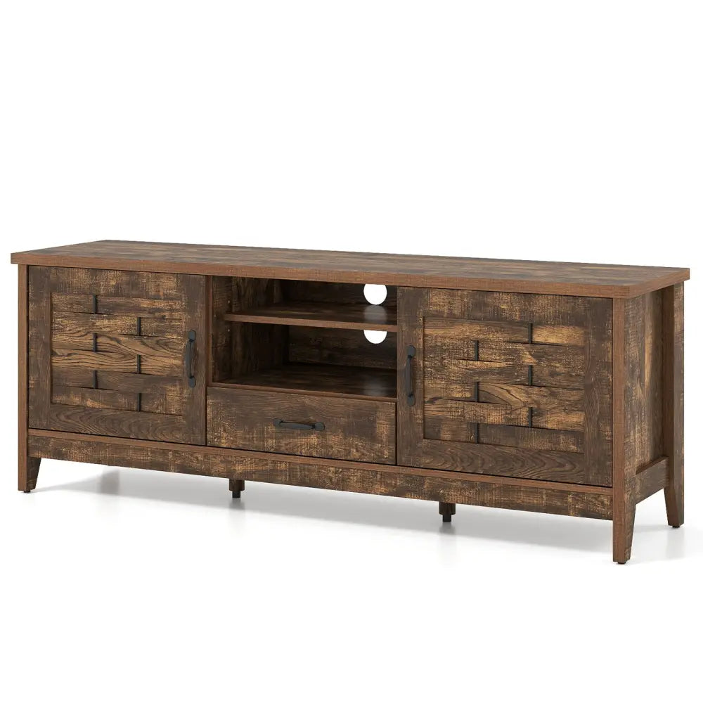 Farmhouse TV Stand for 65 Inch TVs with 2 Woven Accent Doors and 3 Adjustable Shelves-Rustic Brown - Rustic Brown