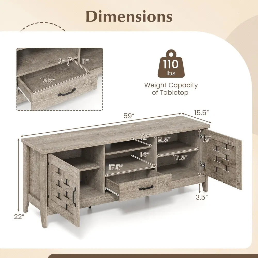 Farmhouse TV Stand for 65 Inch TVs with 2 Woven Accent Doors and 3 Adjustable Shelves-Oak - Oak - Entertainment Centers