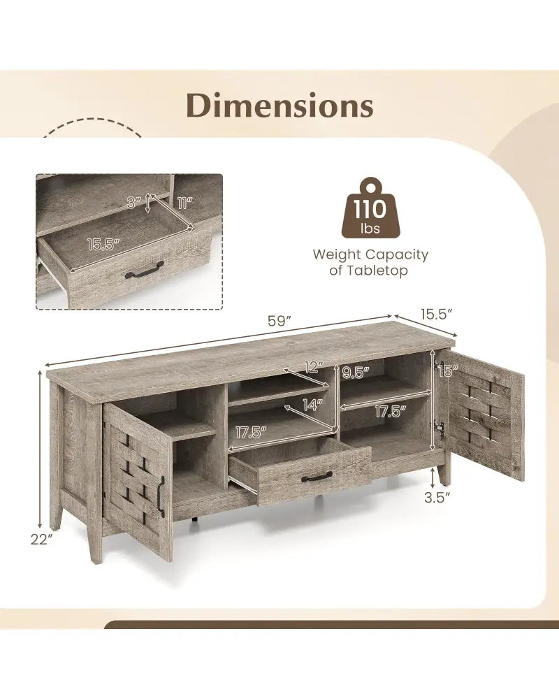 Farmhouse TV Stand for 65 Inch TVs with 2 Woven Accent Doors and 3 Adjustable Shelves-Oak - Oak - Entertainment Centers