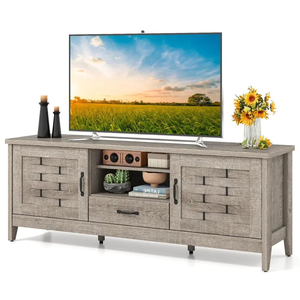 Farmhouse TV Stand for 65 Inch TVs with 2 Woven Accent Doors and 3 Adjustable Shelves-Oak - Oak - Entertainment Centers