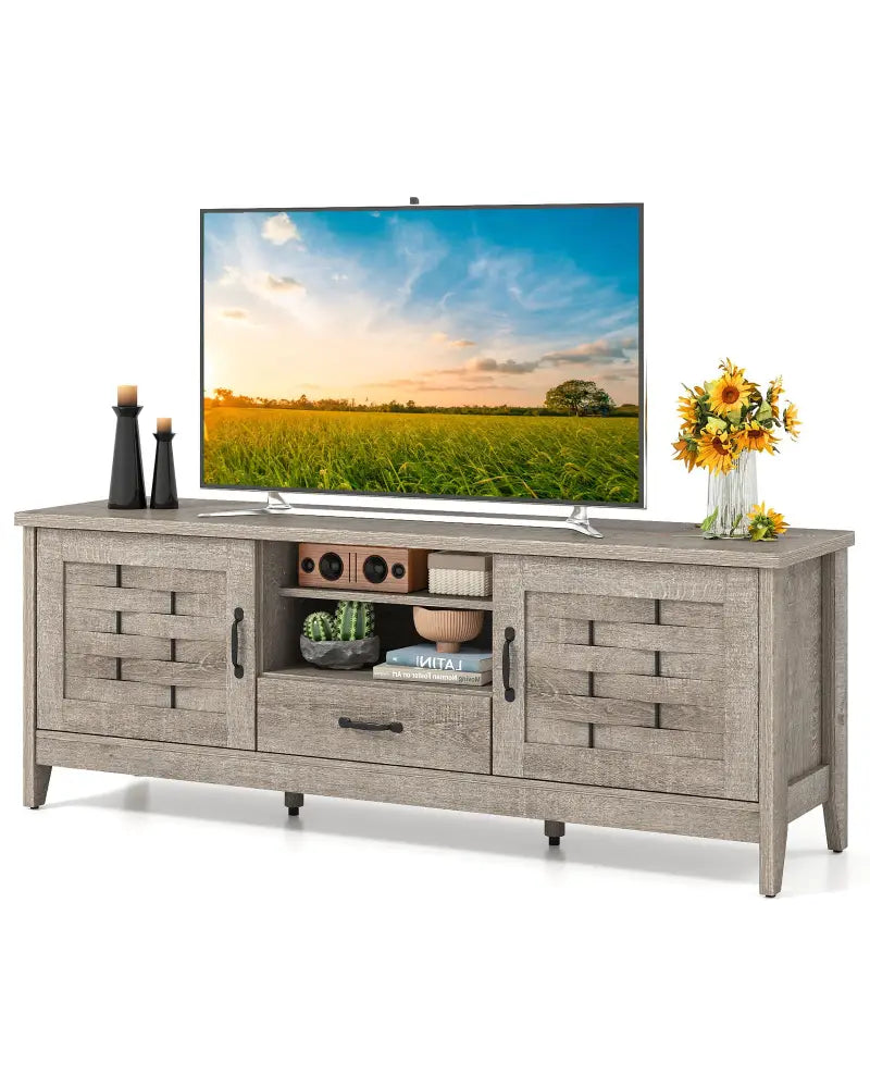 Farmhouse TV Stand for 65 Inch TVs with 2 Woven Accent Doors and 3 Adjustable Shelves-Oak - Oak - Entertainment Centers