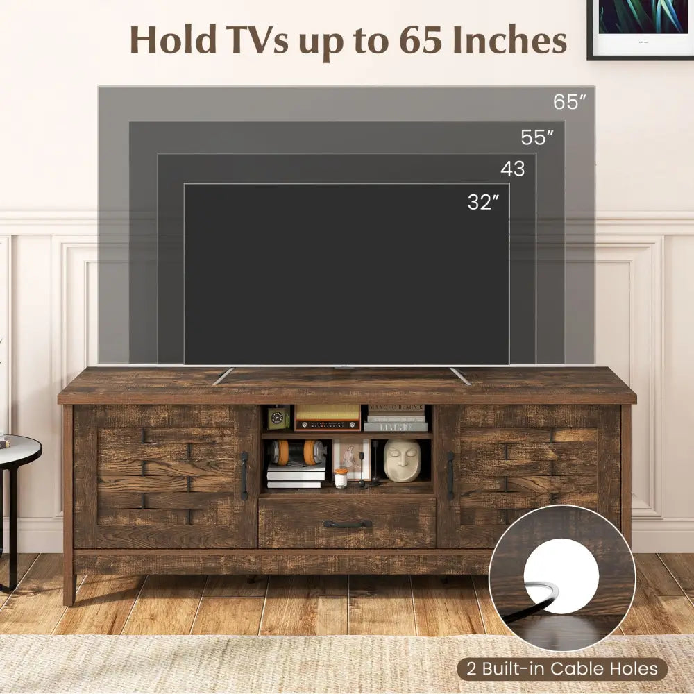 Farmhouse TV Stand for 65 Inch TVs with 2 Woven Accent Doors and 3 Adjustable Shelves-Rustic Brown - Rustic Brown
