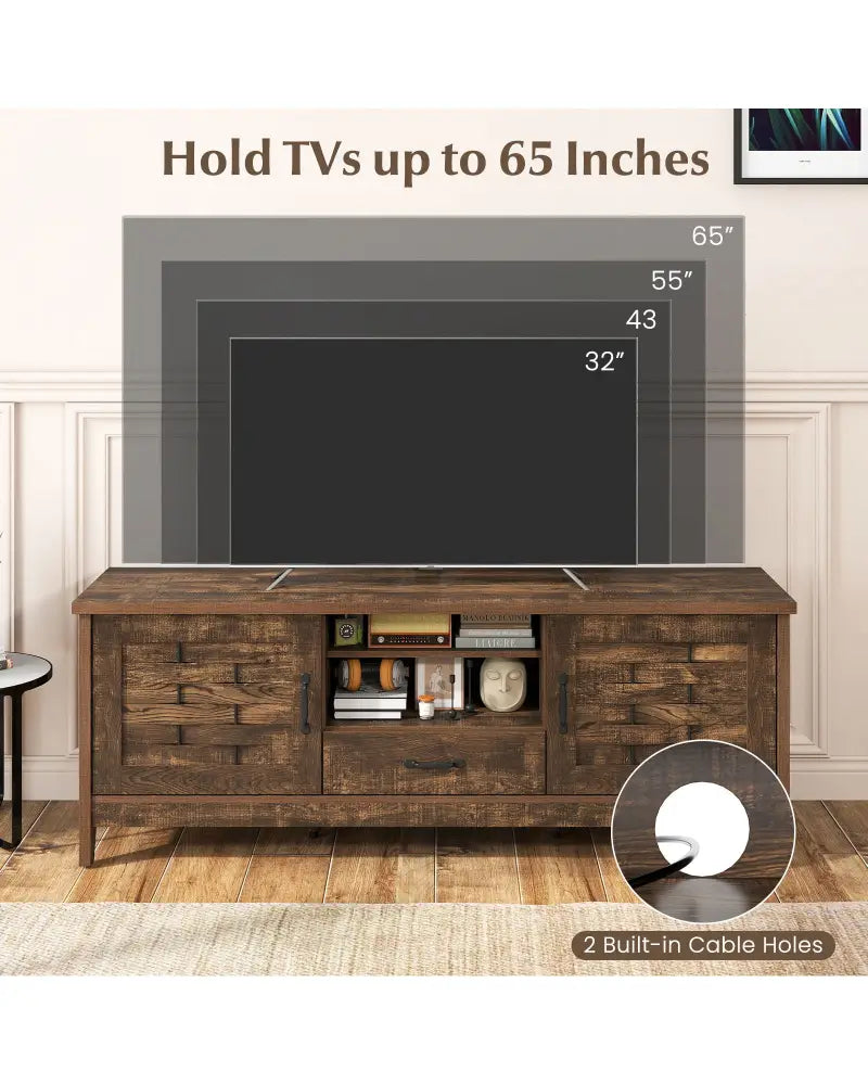 Farmhouse TV Stand for 65 Inch TVs with 2 Woven Accent Doors and 3 Adjustable Shelves-Rustic Brown - Rustic Brown