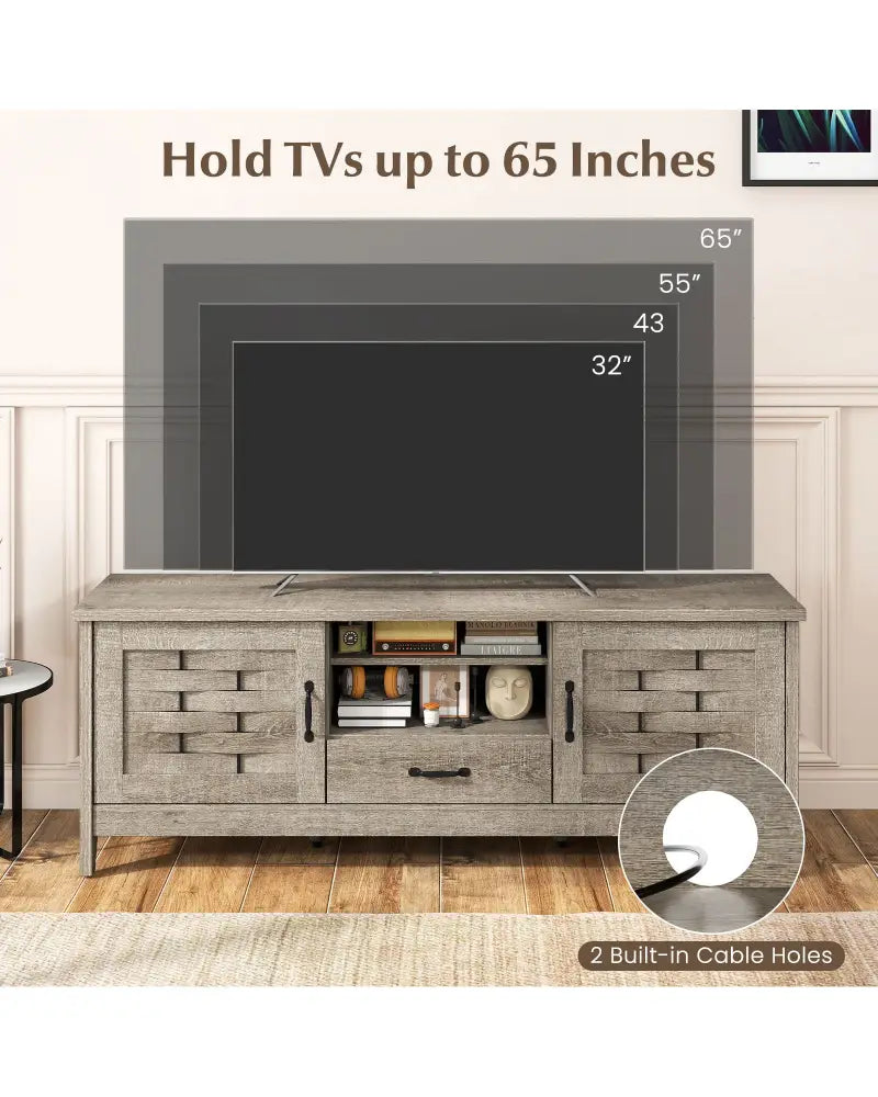 Farmhouse TV Stand for 65 Inch TVs with 2 Woven Accent Doors and 3 Adjustable Shelves-Oak - Oak - Entertainment Centers