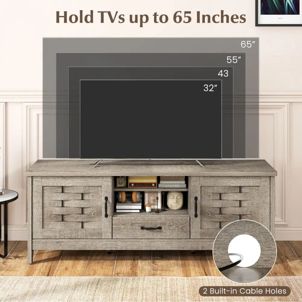 Farmhouse TV Stand for 65 Inch TVs with 2 Woven Accent Doors and 3 Adjustable Shelves-Oak - Oak - Entertainment Centers