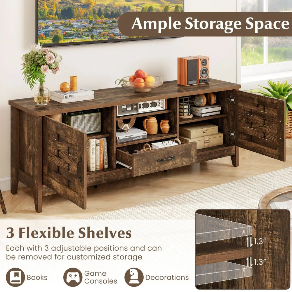 Farmhouse TV Stand for 65 Inch TVs with 2 Woven Accent Doors and 3 Adjustable Shelves-Rustic Brown - Rustic Brown