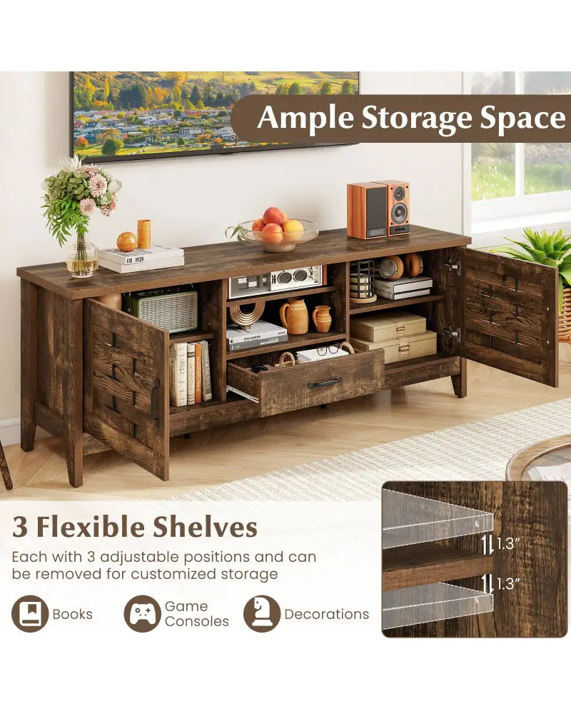 Farmhouse TV Stand for 65 Inch TVs with 2 Woven Accent Doors and 3 Adjustable Shelves-Rustic Brown - Rustic Brown