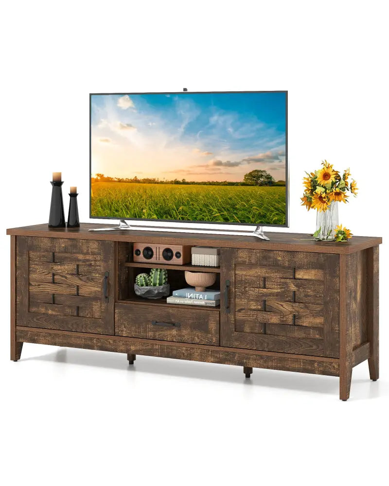 Farmhouse TV Stand for 65 Inch TVs with 2 Woven Accent Doors and 3 Adjustable Shelves-Rustic Brown - Rustic Brown