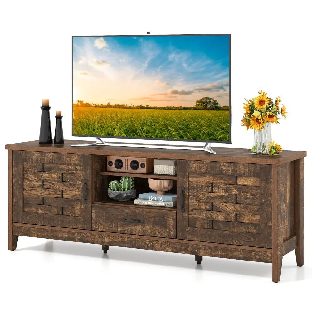 Farmhouse TV Stand for 65 Inch TVs with 2 Woven Accent Doors and 3 Adjustable Shelves-Rustic Brown - Rustic Brown