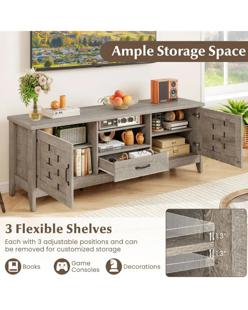 Farmhouse TV Stand for 65 Inch TVs with 2 Woven Accent Doors and 3 Adjustable Shelves-Oak - Oak - Entertainment Centers