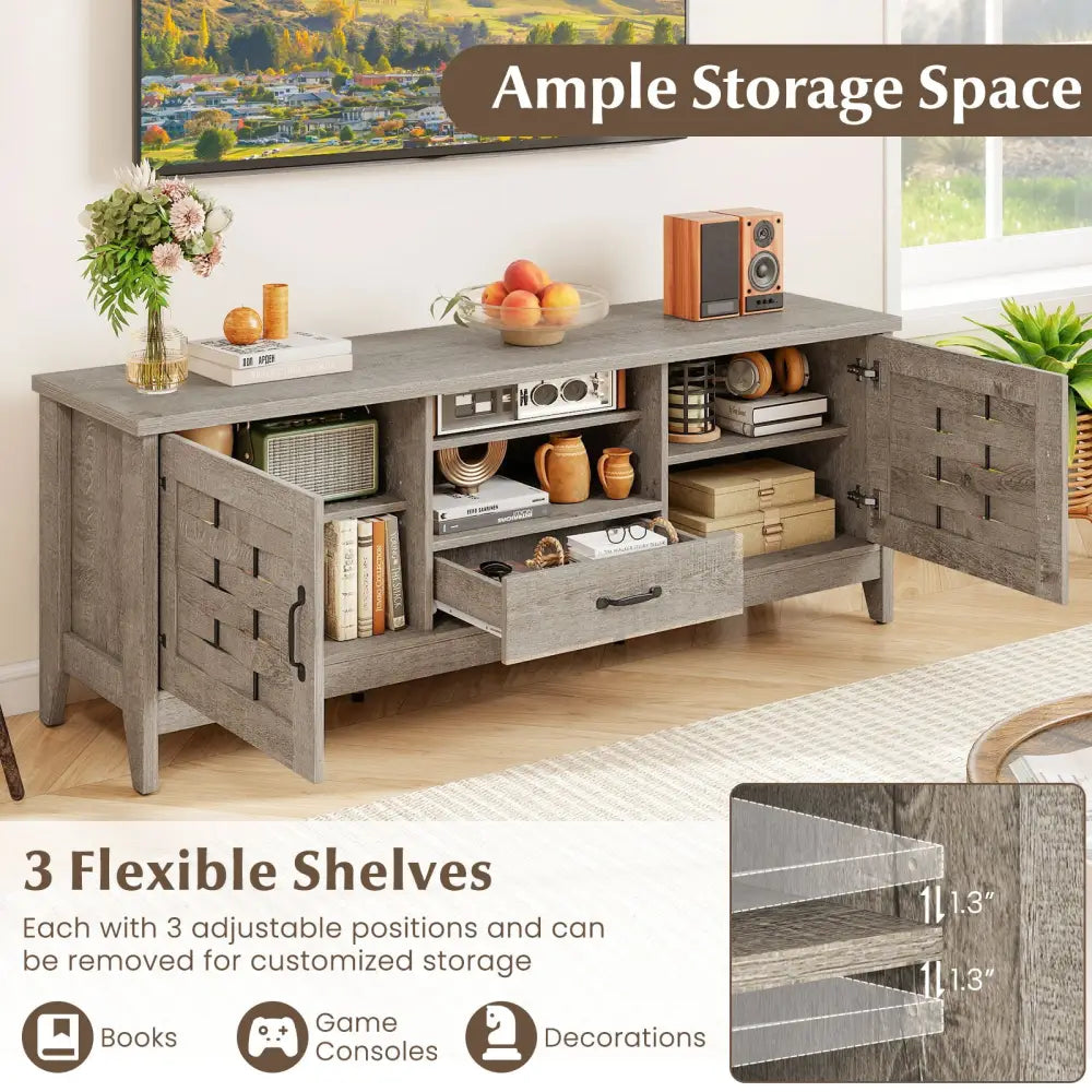 Farmhouse TV Stand for 65 Inch TVs with 2 Woven Accent Doors and 3 Adjustable Shelves-Oak - Oak - Entertainment Centers