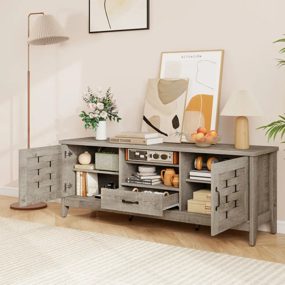 Farmhouse TV Stand for 65 Inch TVs with 2 Woven Accent Doors and 3 Adjustable Shelves-Oak - Oak - Entertainment Centers