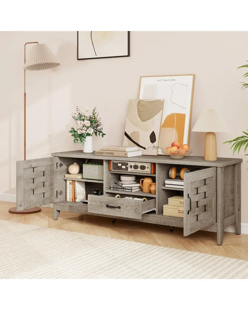 Farmhouse TV Stand for 65 Inch TVs with 2 Woven Accent Doors and 3 Adjustable Shelves-Oak - Oak - Entertainment Centers