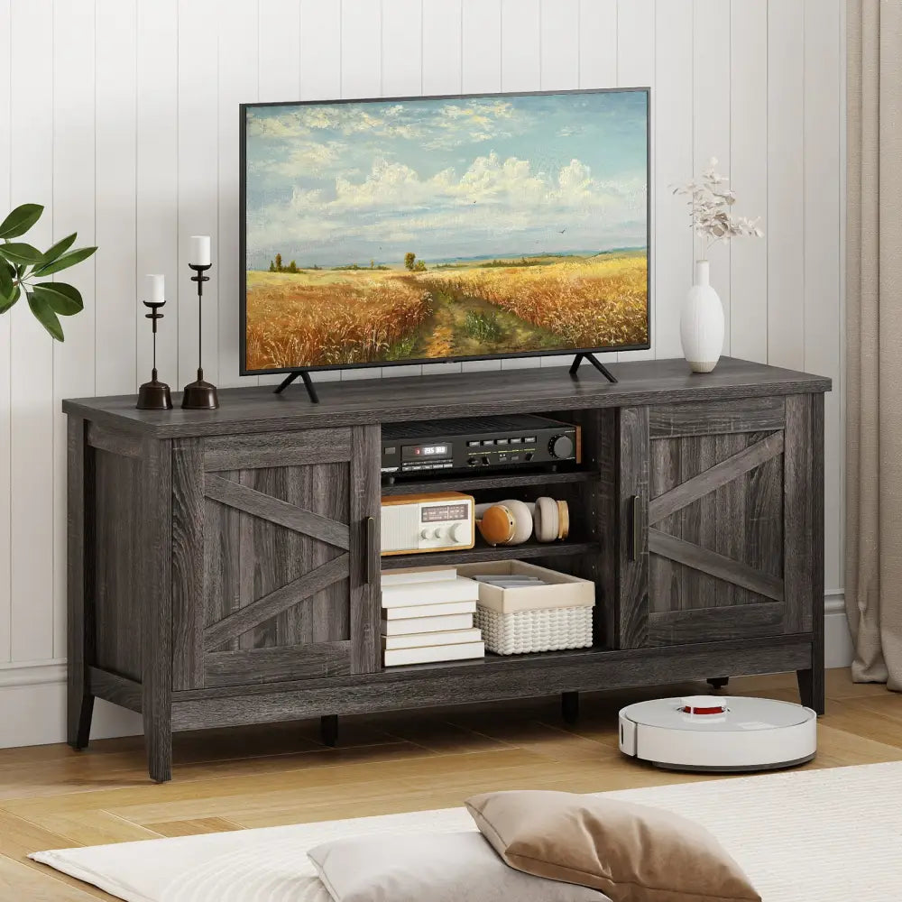 Farmhouse TV Stand for TVs up to 65 Inch Entertainment Center with 2 Storage Cabinets-Gray - Gray - Entertainment