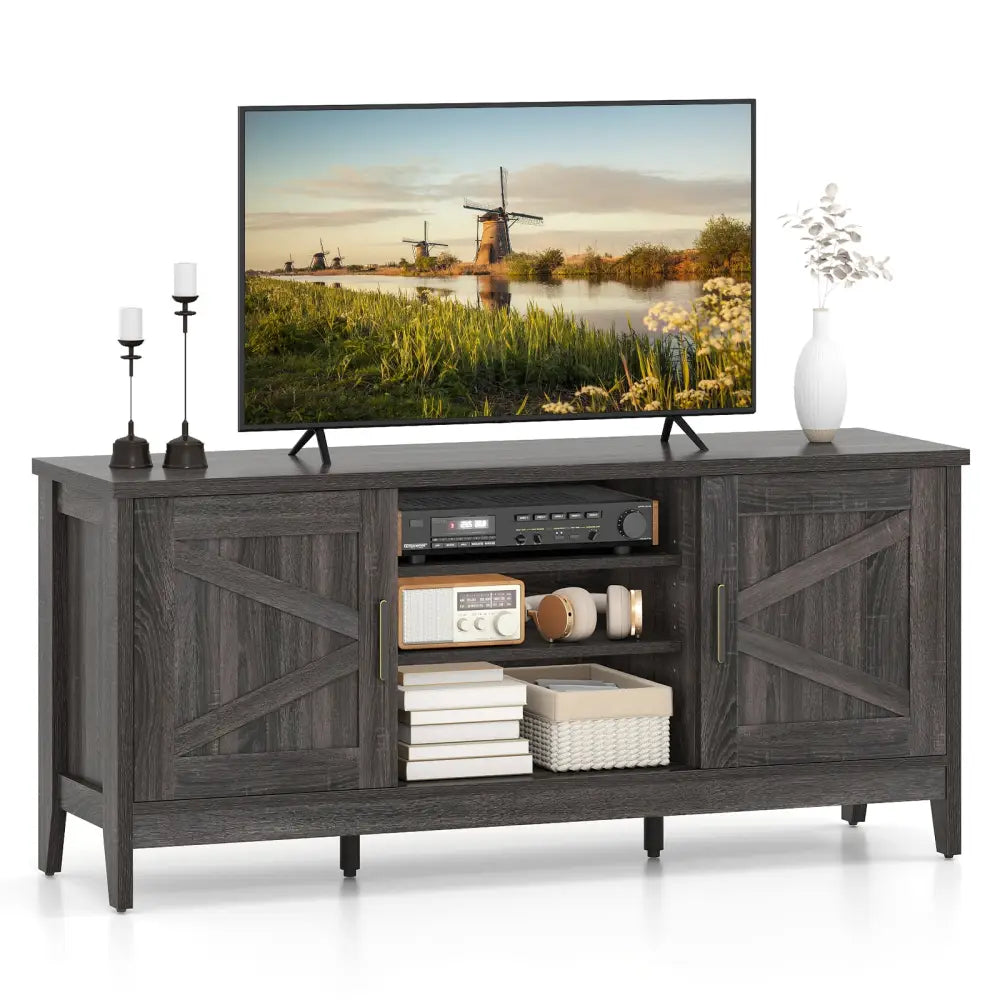 Farmhouse TV Stand for TVs up to 65 Inch Entertainment Center with 2 Storage Cabinets-Gray - Gray - Entertainment