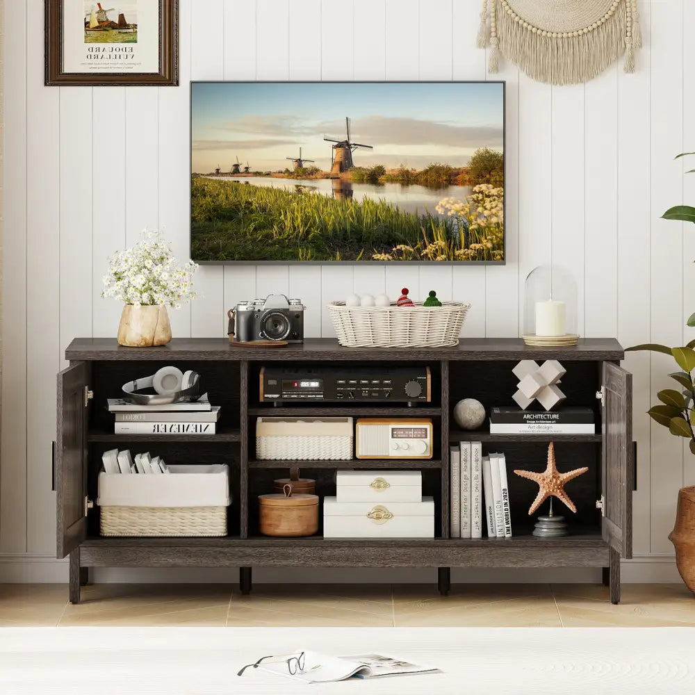 Farmhouse TV Stand for TVs up to 65 Inch Entertainment Center with 2 Storage Cabinets-Gray - Gray - Entertainment