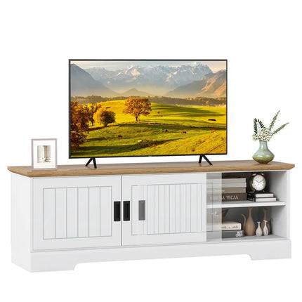 Farmhouse TV Stand for TVs up to 65 Inch with Sliding Doors and Storage Cabinets-White - White - Entertainment Centers
