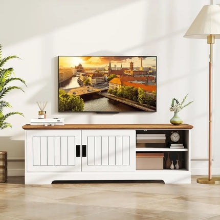 Farmhouse TV Stand for TVs up to 65 Inch with Sliding Doors and Storage Cabinets-White - White - Entertainment Centers